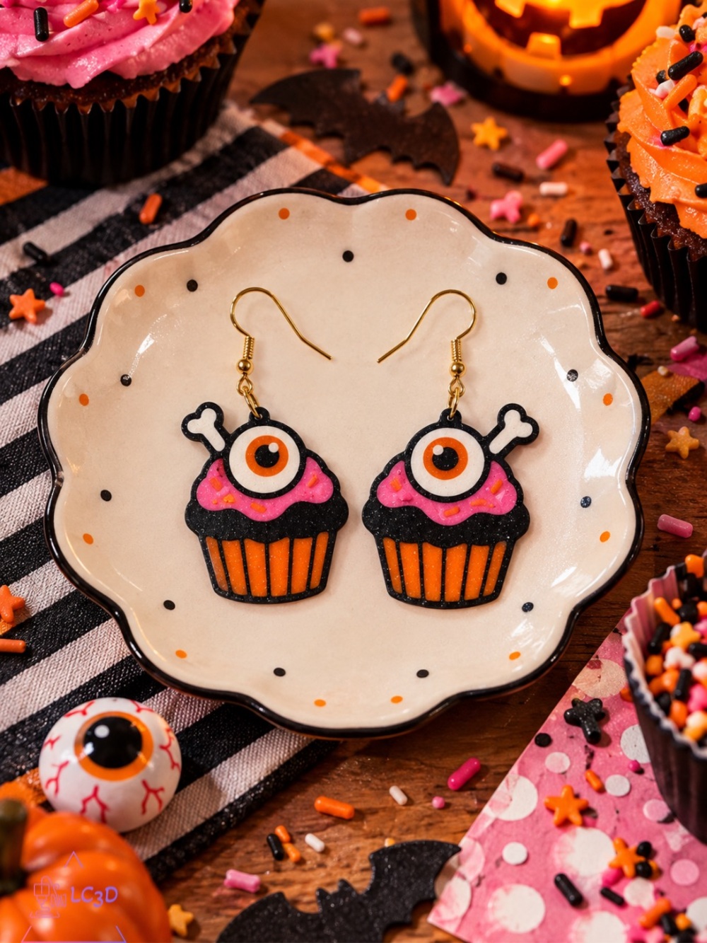 Halloween Eyeball Cupcake Dangle Earrings - Pink & Orange